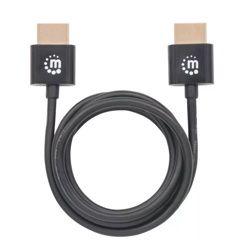 Manhattan HDMI laidas su Ethernet (ypač plonas), 4K@60Hz (Premium High Speed), 1m, vyriškas–vyriškas, juodas, Ultra HD 4k x 2k, visiškai ekranuotas, auksuoti kontaktai, garantija visam laikui