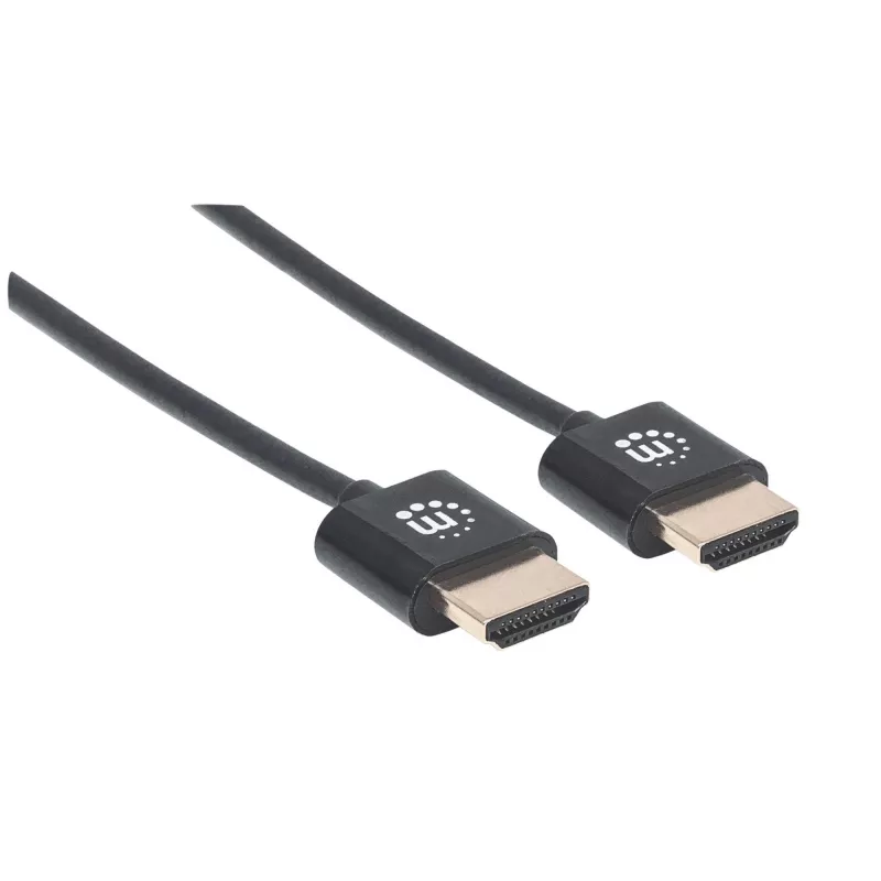 Manhattan HDMI laidas su Ethernet (ypač plonas), 4K@60Hz (Premium High Speed), 1m, vyriškas–vyriškas, juodas, Ultra HD 4k x 2k, visiškai ekranuotas, auksuoti kontaktai, garantija visam laikui
