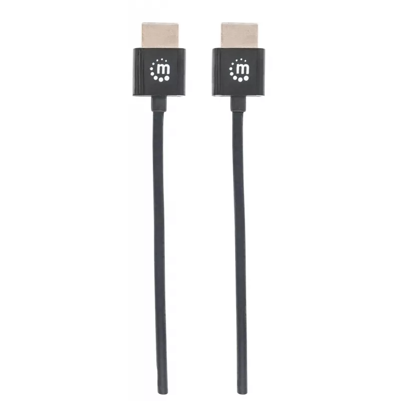 Manhattan HDMI laidas su Ethernet (ypač plonas), 4K@60Hz (Premium High Speed), 1m, vyriškas–vyriškas, juodas, Ultra HD 4k x 2k, visiškai ekranuotas, auksuoti kontaktai, garantija visam laikui
