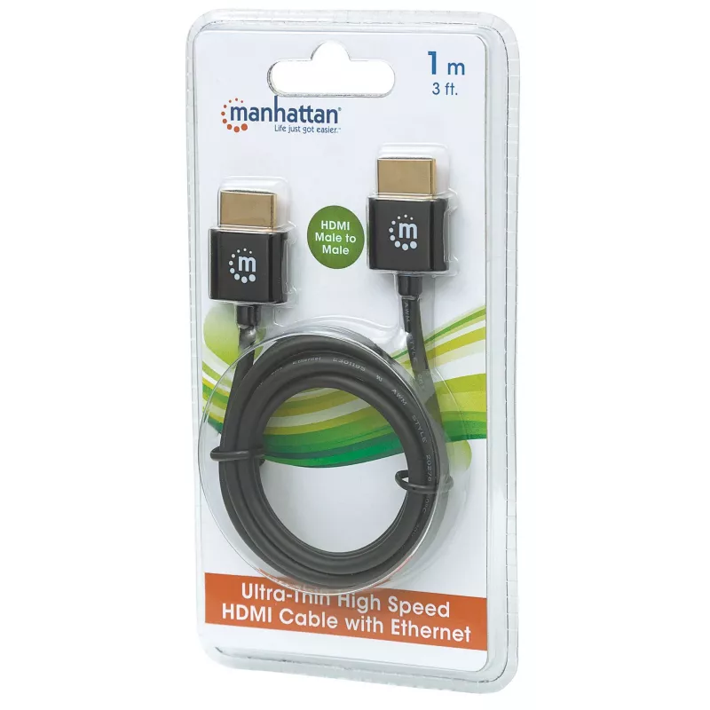 Manhattan HDMI laidas su Ethernet (ypač plonas), 4K@60Hz (Premium High Speed), 1m, vyriškas–vyriškas, juodas, Ultra HD 4k x 2k, visiškai ekranuotas, auksuoti kontaktai, garantija visam laikui