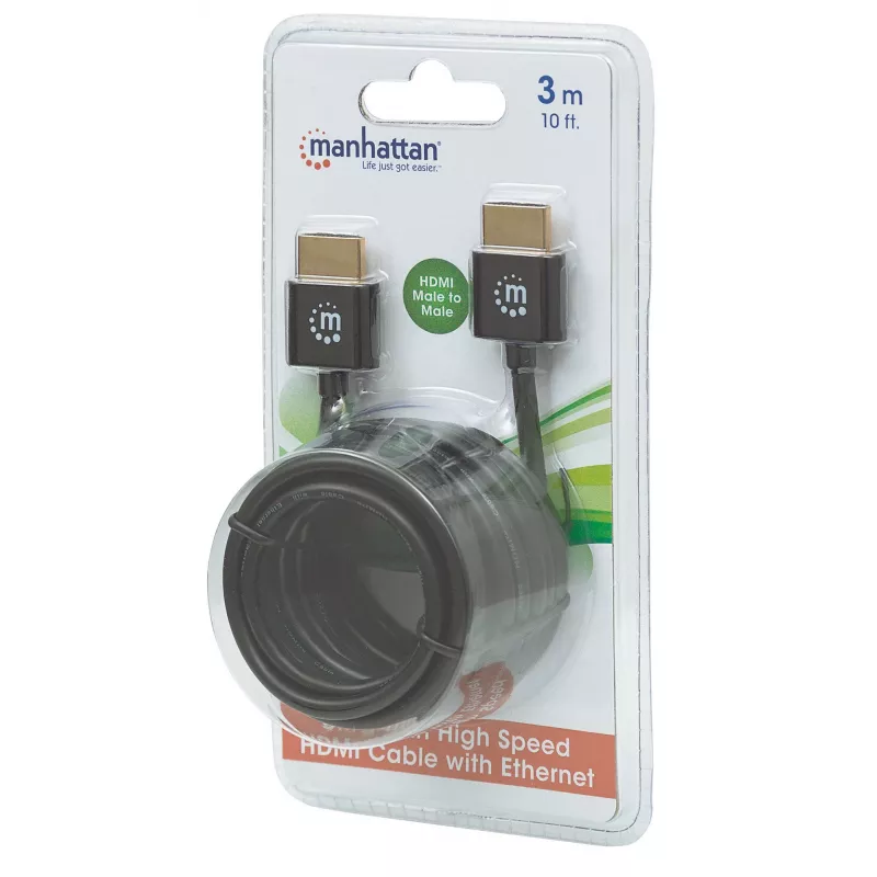 Manhattan HDMI kabelis su Ethernet (ypač plonas), 4K@60Hz (Premium High Speed), 3m, Kištukas-Kištukas, Juodas, Ultra HD 4k x 2k, Visiškai ekranuotas, Auksuoti kontaktai, Viso gyvenimo garantija