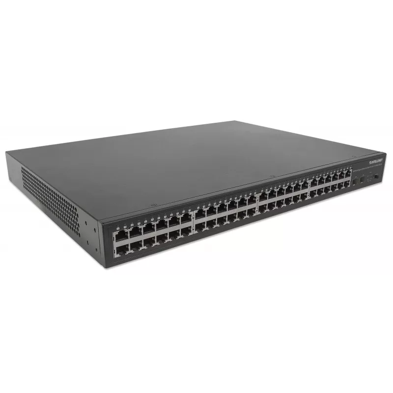 Intellinet 48 prievadų Gigabit Ethernet komutatorius su 10 GbE jungtimi, 48 x 10/100/1000 Mbps RJ45 prievadai ir 2 x 10 GbE SFP+ lizdai, IEEE 802.3az (Energy Efficient Ethernet), 19 colių montavimui į stelažą, metalinis (Euro 2 kontaktų kištukas)