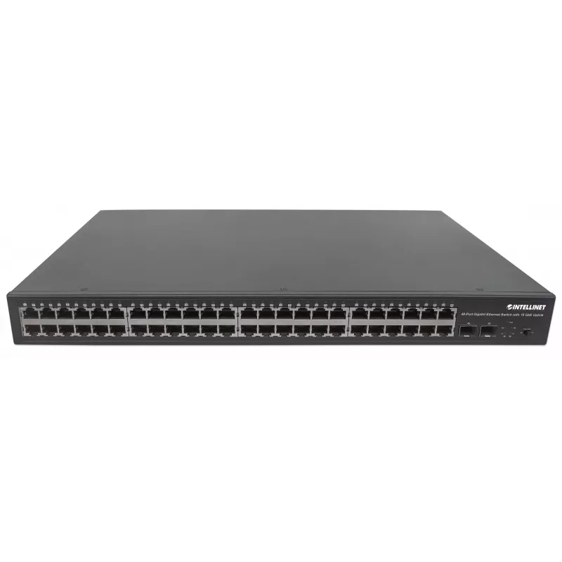 Intellinet 48 prievadų Gigabit Ethernet komutatorius su 10 GbE jungtimi, 48 x 10/100/1000 Mbps RJ45 prievadai ir 2 x 10 GbE SFP+ lizdai, IEEE 802.3az (Energy Efficient Ethernet), 19 colių montavimui į stelažą, metalinis (Euro 2 kontaktų kištukas)