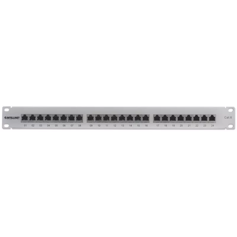 Intellinet skydinė plokštė, Cat6, FTP, 24 prievadai, 1U, ekranuota, 90° viršutiniai punch-down blokai, pilka