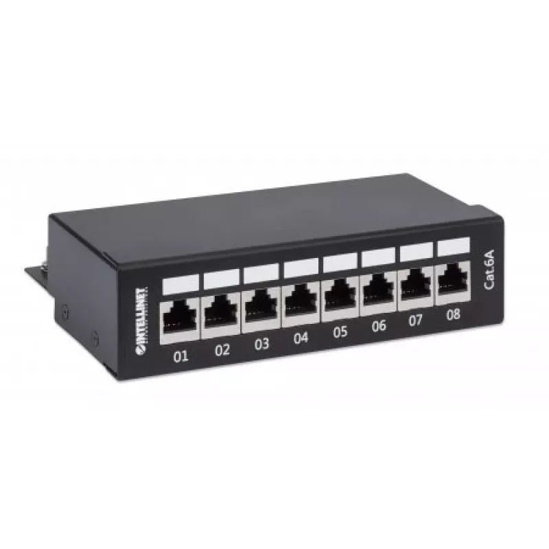 Intellinet Patch Panel, Cat6a, FTP, 8 prievadų, stalinis, ekranuotas, 90° viršutiniai lizdai, juodas
