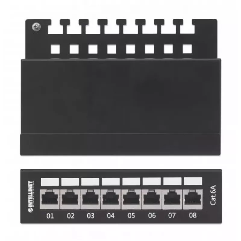 Intellinet Patch Panel, Cat6a, FTP, 8 prievadų, stalinis, ekranuotas, 90° viršutiniai lizdai, juodas