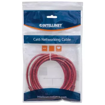Intellinet tinklo jungiamasis kabelis, Cat6, 0,5 m, raudonas, CCA, U/UTP, PVC, RJ45, auksuoti kontaktai, apsaugotas nuo užkliuvimo, su gaubtuku, visam laikui garantija