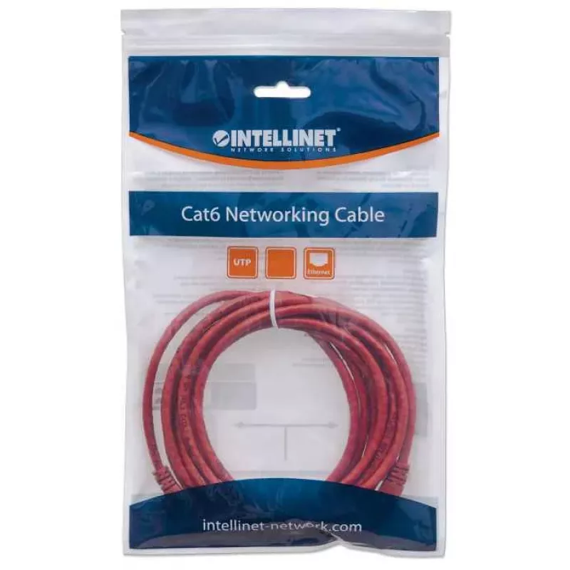 Intellinet tinklo jungiamasis kabelis, Cat6, 0,5 m, raudonas, CCA, U/UTP, PVC, RJ45, auksuoti kontaktai, apsaugotas nuo užkliuvimo, su gaubtuku, visam laikui garantija