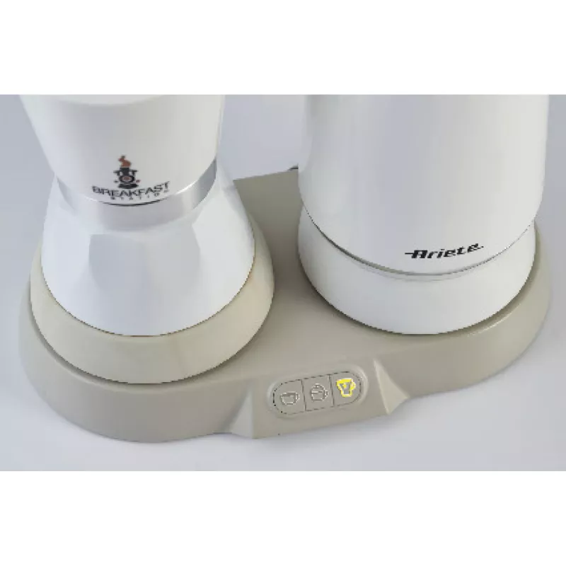 Ariete 1344 Pusryčių stotelė, 3 prietaisai viename: Moka puodas, virdulys, karšto ir šalto pieno putotuvas, 500 W, 2/4 puodeliai, palaiko kavą šiltą, 5 funkcijos, balta