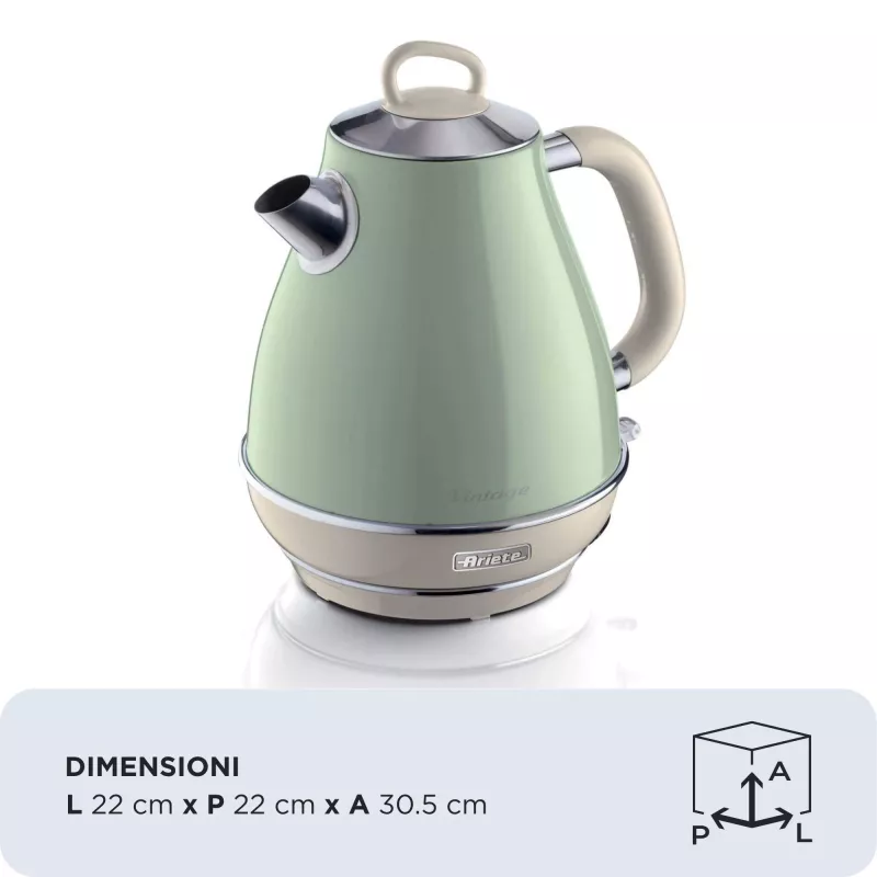 Ariete 2869 Vintage elektrinis virdulys, nerūdijantis plienas, 1,7 l, automatinis išsijungimas, 2000 W, vandeniui, arbatai ir žolelių gėrimams, pastelinė žalia