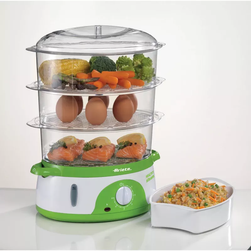Ariete 911 Healthy Steam elektrinis garintuvas - 3 krepšeliai - indas ryžiams - laikmatis 60 min - 800 W - 9 l - baltas ir žalias