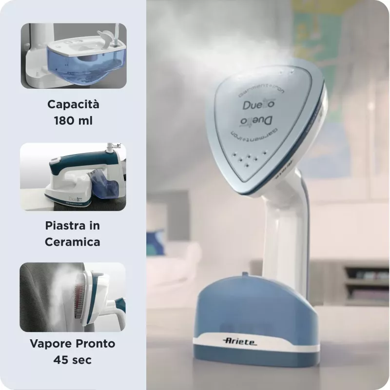 Ariete 6246 Duetto Garment Iron - vertikalus lygintuvas ir lygintuvas su nelimpančia keramine plokšte - 1000 W - balta ir mėlyna