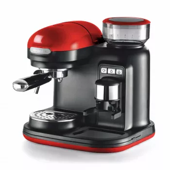 Ariete 1318 Moderna Espresso aparatas su integruotu kavamale, kavos pupelėms ir maltai kavai, pieno putotoju, 1 ir 2 puodelių filtru, 1080 W, 800 cc, raudonas