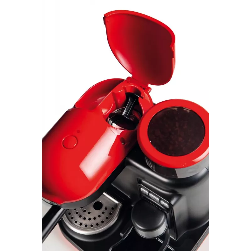Ariete 1318 Moderna Espresso aparatas su integruotu kavamale, kavos pupelėms ir maltai kavai, pieno putotoju, 1 ir 2 puodelių filtru, 1080 W, 800 cc, raudonas