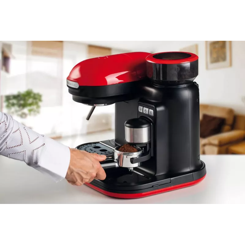 Ariete 1318 Moderna Espresso aparatas su integruotu kavamale, kavos pupelėms ir maltai kavai, pieno putotoju, 1 ir 2 puodelių filtru, 1080 W, 800 cc, raudonas
