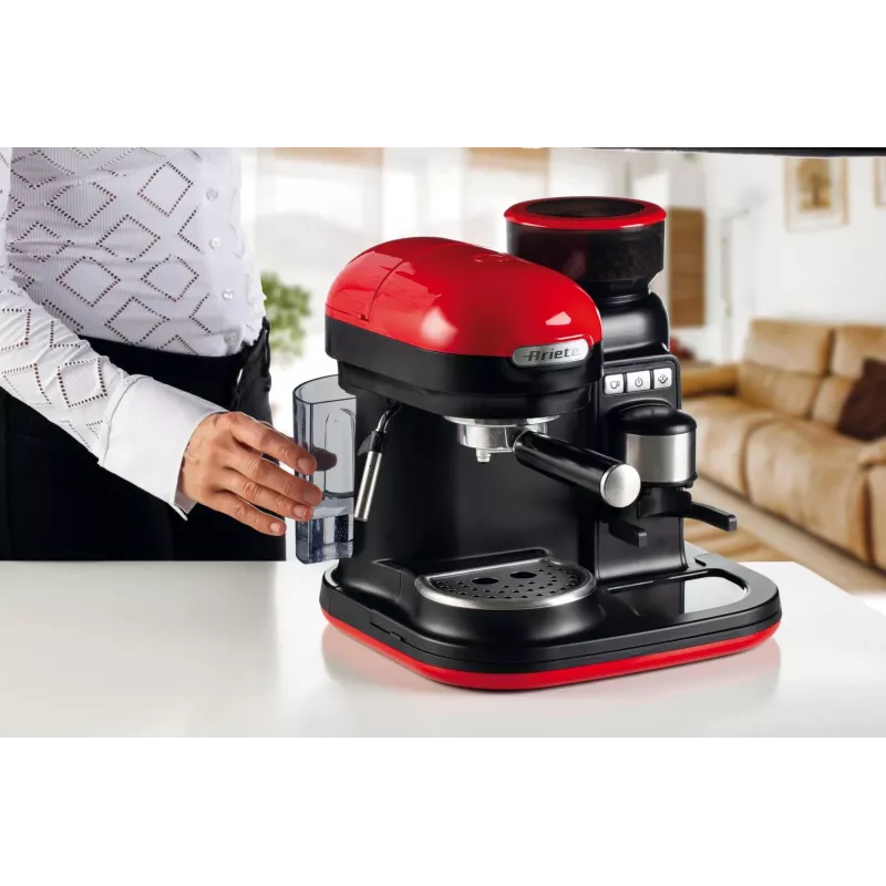Ariete 1318 Moderna Espresso aparatas su integruotu kavamale, kavos pupelėms ir maltai kavai, pieno putotoju, 1 ir 2 puodelių filtru, 1080 W, 800 cc, raudonas