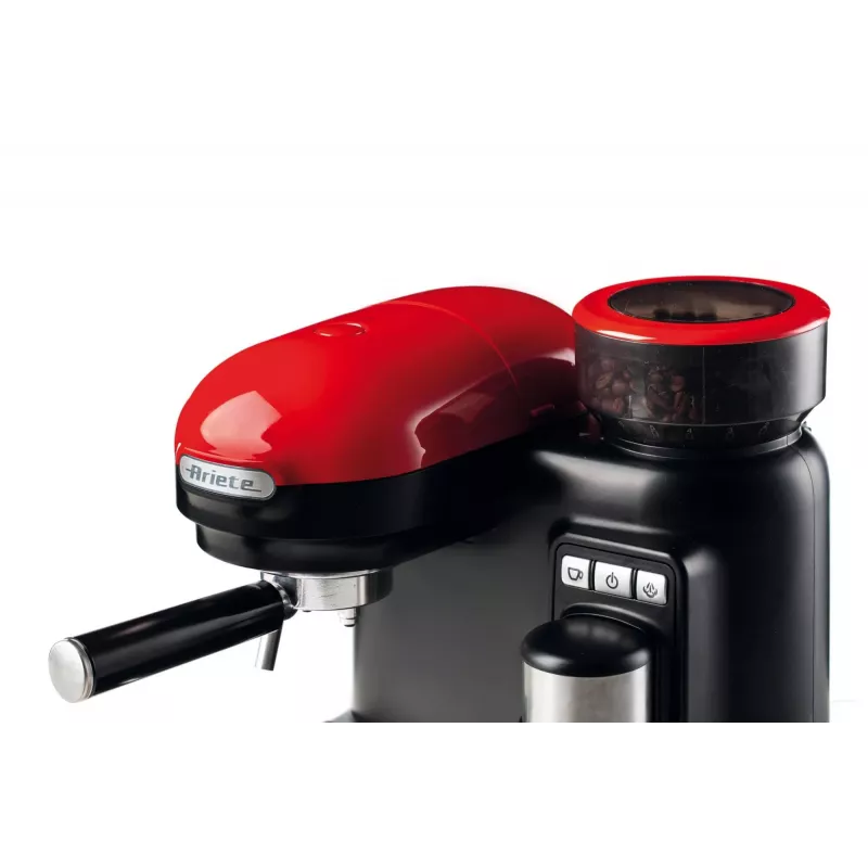 Ariete 1318 Moderna Espresso aparatas su integruotu kavamale, kavos pupelėms ir maltai kavai, pieno putotoju, 1 ir 2 puodelių filtru, 1080 W, 800 cc, raudonas