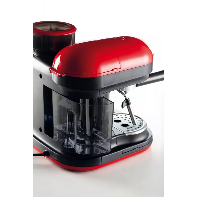 Ariete 1318 Moderna Espresso aparatas su integruotu kavamale, kavos pupelėms ir maltai kavai, pieno putotoju, 1 ir 2 puodelių filtru, 1080 W, 800 cc, raudonas