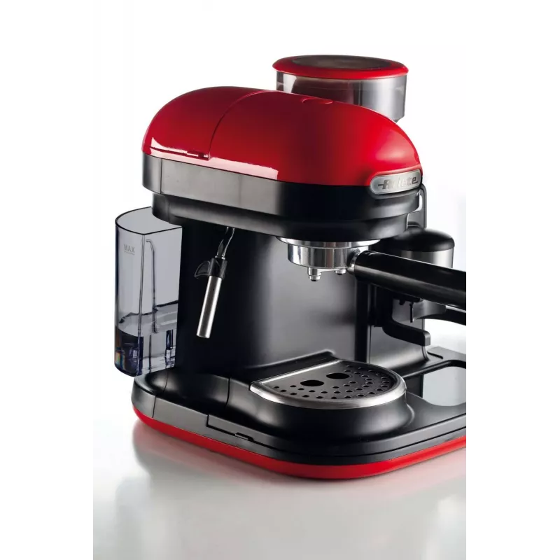 Ariete 1318 Moderna Espresso aparatas su integruotu kavamale, kavos pupelėms ir maltai kavai, pieno putotoju, 1 ir 2 puodelių filtru, 1080 W, 800 cc, raudonas