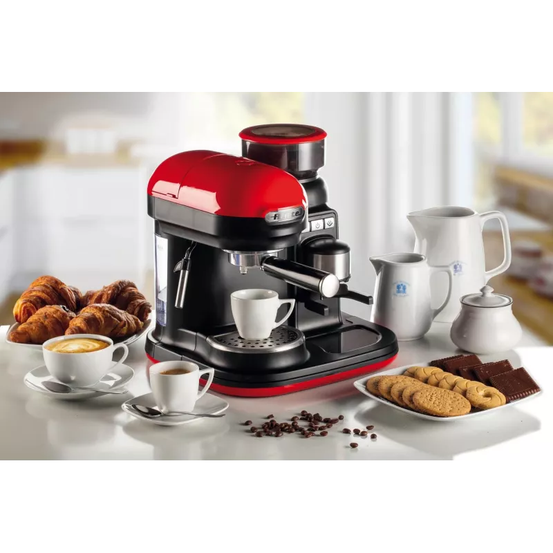 Ariete 1318 Moderna Espresso aparatas su integruotu kavamale, kavos pupelėms ir maltai kavai, pieno putotoju, 1 ir 2 puodelių filtru, 1080 W, 800 cc, raudonas