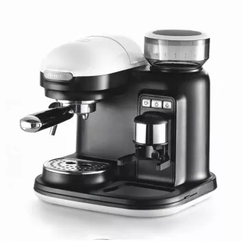 Ariete 1318 Moderna Espresso aparatas su integruotu kavamale, kavos pupelėms ir maltai kavai, pieno putotoju, 1 ir 2 puodelių filtru, 1080 W, 800 cc, baltas