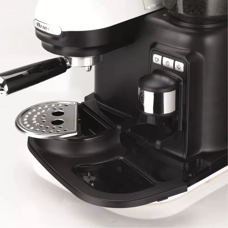 Ariete 1318 Moderna Espresso aparatas su integruotu kavamale, kavos pupelėms ir maltai kavai, pieno putotoju, 1 ir 2 puodelių filtru, 1080 W, 800 cc, baltas