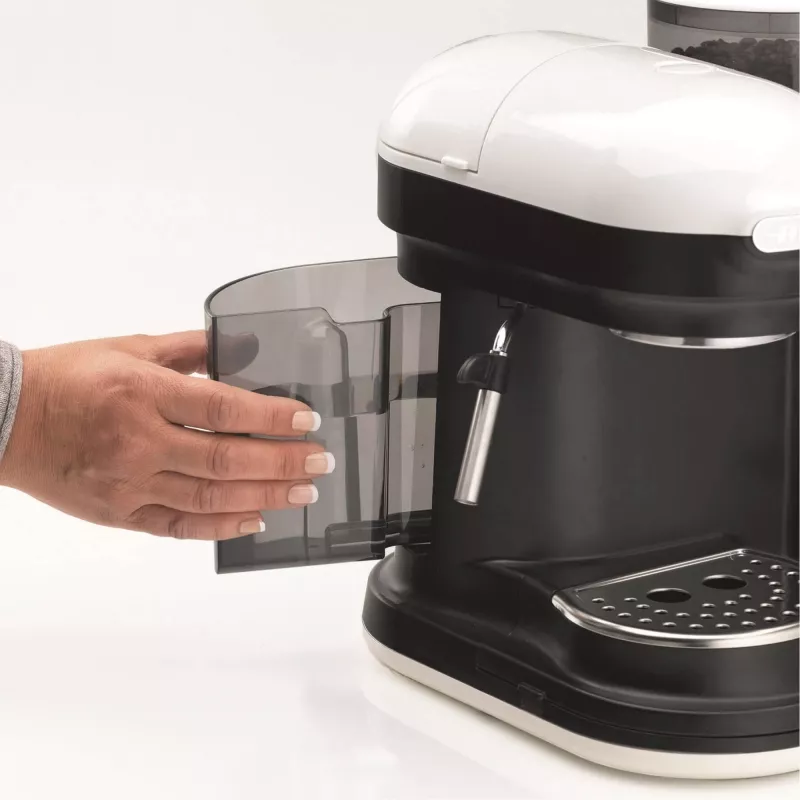 Ariete 1318 Moderna Espresso aparatas su integruotu kavamale, kavos pupelėms ir maltai kavai, pieno putotoju, 1 ir 2 puodelių filtru, 1080 W, 800 cc, baltas