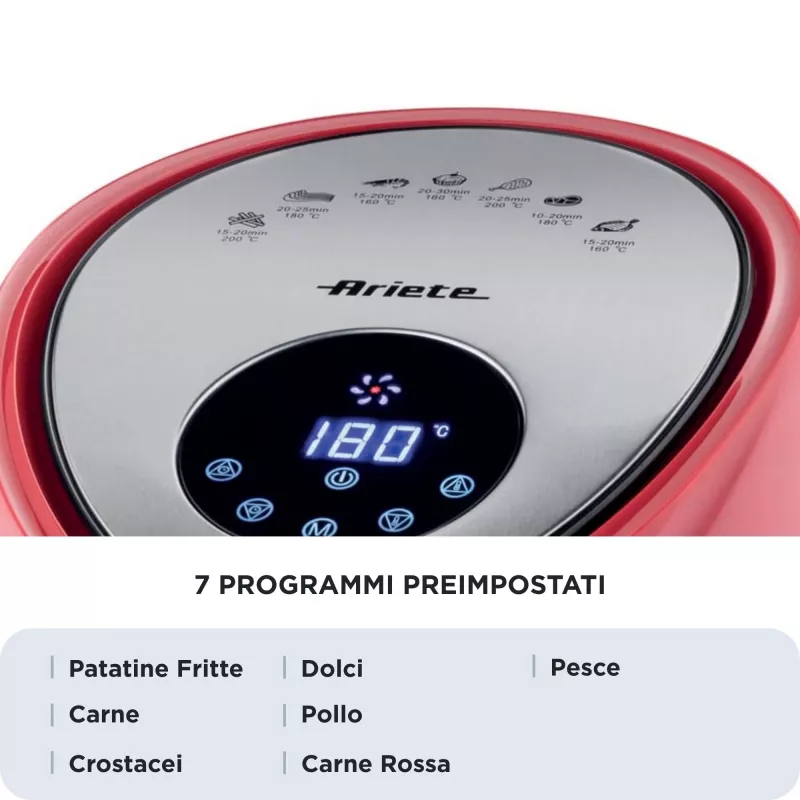 Ariete 4618 Airy Fryer XXL - oro gruzdintuvė - kepa 2,5 kg bulvyčių - 7 litrai - kepimas be aliejaus ir riebalų - 1800 W - raudona