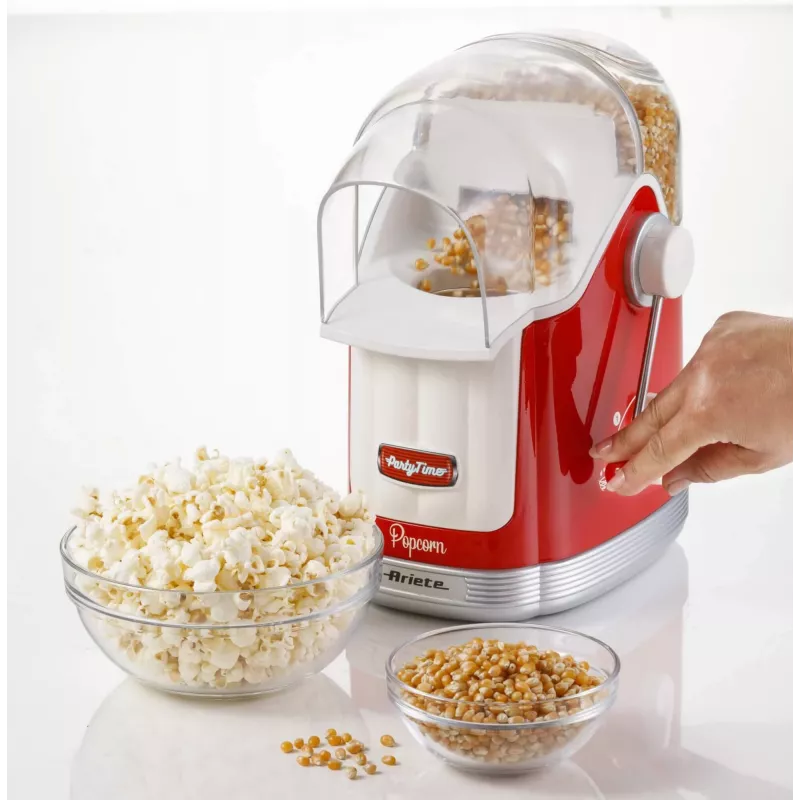 Ariete 2958 Pop Corn Maker Party Time spragintų kukurūzų aparatas su svirtimi, 1100 W, talpa 600 g, karšto oro kepimas be riebalų, raudonas