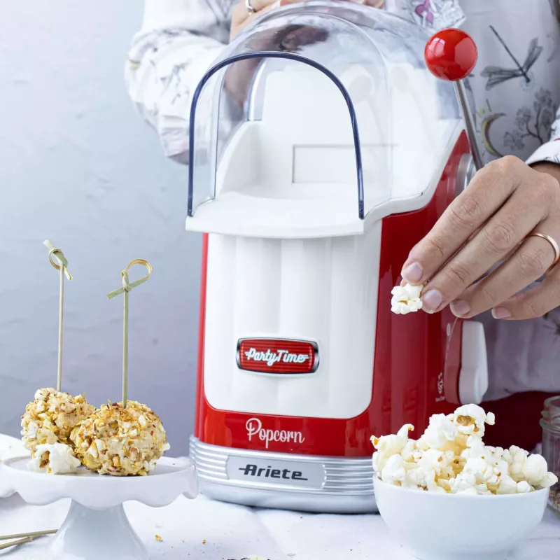 Ariete 2958 Pop Corn Maker Party Time spragintų kukurūzų aparatas su svirtimi, 1100 W, talpa 600 g, karšto oro kepimas be riebalų, raudonas