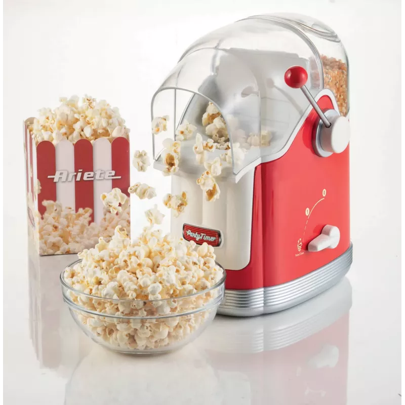 Ariete 2958 Pop Corn Maker Party Time spragintų kukurūzų aparatas su svirtimi, 1100 W, talpa 600 g, karšto oro kepimas be riebalų, raudonas