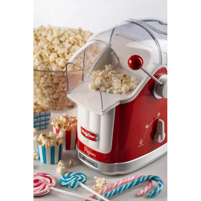 Ariete 2958 Pop Corn Maker Party Time spragintų kukurūzų aparatas su svirtimi, 1100 W, talpa 600 g, karšto oro kepimas be riebalų, raudonas