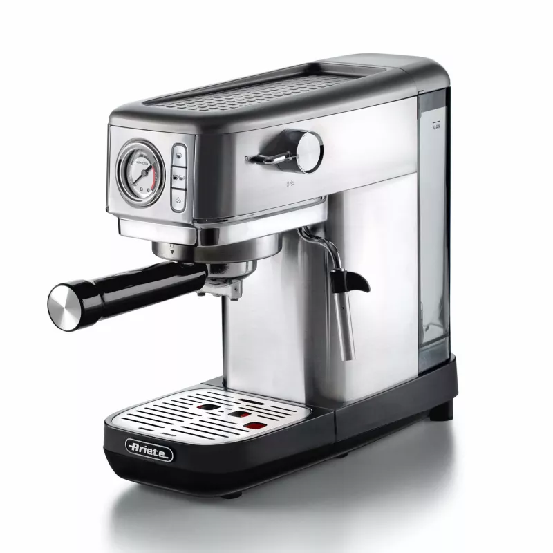 Ariete 1381 kavos aparatas su manometru, tinka maltai kavai ir ESE kapsulėms, 1300 W, 1,1 L talpa, 15 barų slėgis, ½ puodelio filtras, Cappuccino įrenginys, sidabrinis