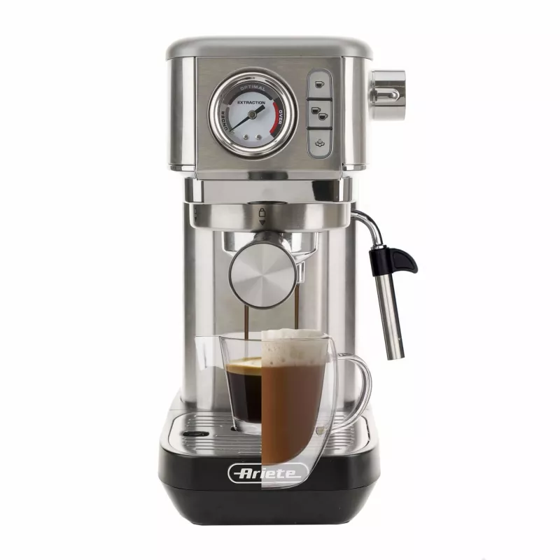 Ariete 1381 kavos aparatas su manometru, tinka maltai kavai ir ESE kapsulėms, 1300 W, 1,1 L talpa, 15 barų slėgis, ½ puodelio filtras, Cappuccino įrenginys, sidabrinis
