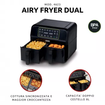 Ariete 4623 Airy Fryer Dual, oro gruzdintuvė su dvigubu krepšeliu, 1700 W, 8 L talpa, 3 gaminimo funkcijos, skaitmeninis LED jutiklinis skydelis, 8 išankstinės programos, laikmatis, 2 krepšeliai, juoda