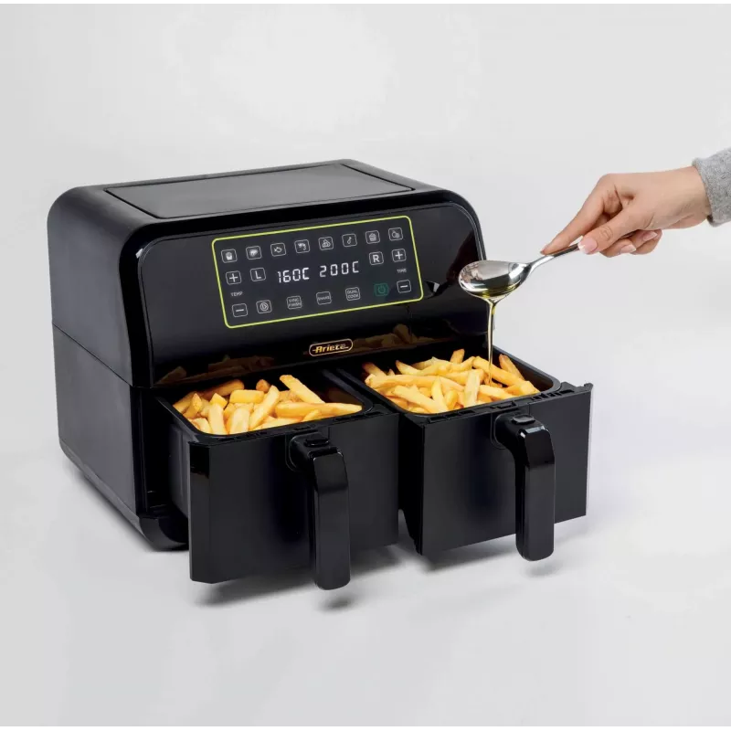 Ariete 4623 Airy Fryer Dual, oro gruzdintuvė su dvigubu krepšeliu, 1700 W, 8 L talpa, 3 gaminimo funkcijos, skaitmeninis LED jutiklinis skydelis, 8 išankstinės programos, laikmatis, 2 krepšeliai, juoda