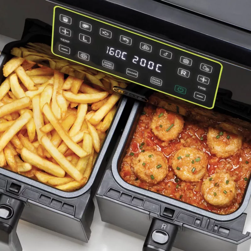 Ariete 4623 Airy Fryer Dual, oro gruzdintuvė su dvigubu krepšeliu, 1700 W, 8 L talpa, 3 gaminimo funkcijos, skaitmeninis LED jutiklinis skydelis, 8 išankstinės programos, laikmatis, 2 krepšeliai, juoda