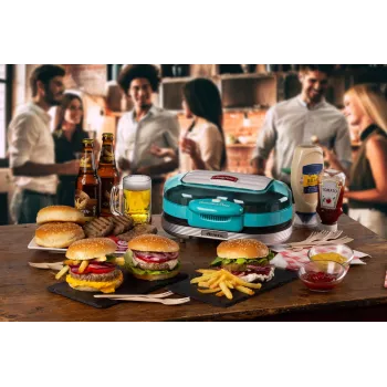Ariete 205 Hamburger Maker Party Time, mėsainių gaminimo aparatas, 1200 W, dvigubos nelimpančios plokštės, 2 skyriai, lengvai valomas, mėlynas