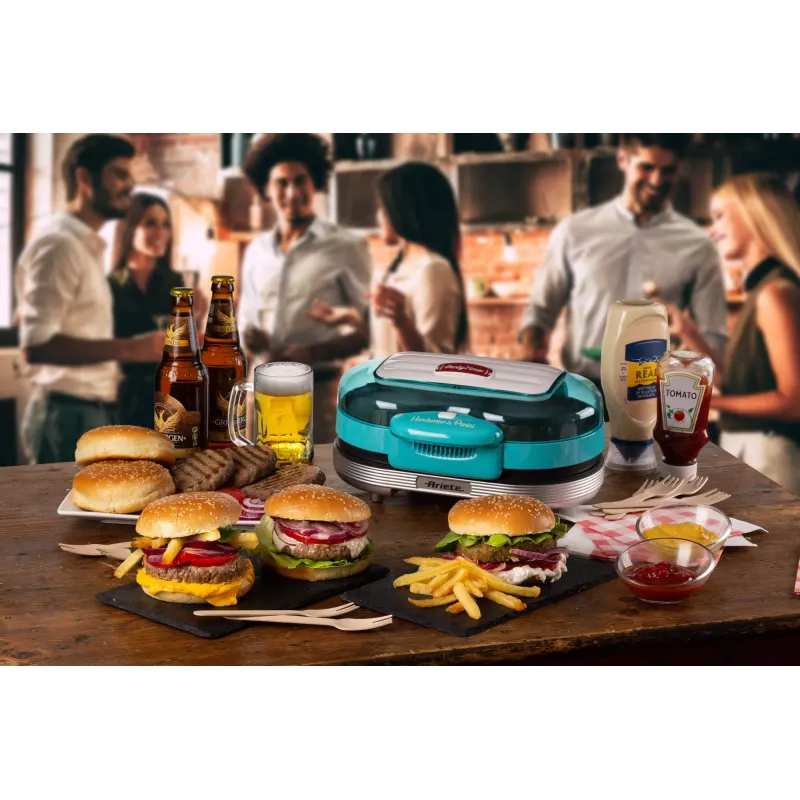 Ariete 205 Hamburger Maker Party Time, mėsainių gaminimo aparatas, 1200 W, dvigubos nelimpančios plokštės, 2 skyriai, lengvai valomas, mėlynas