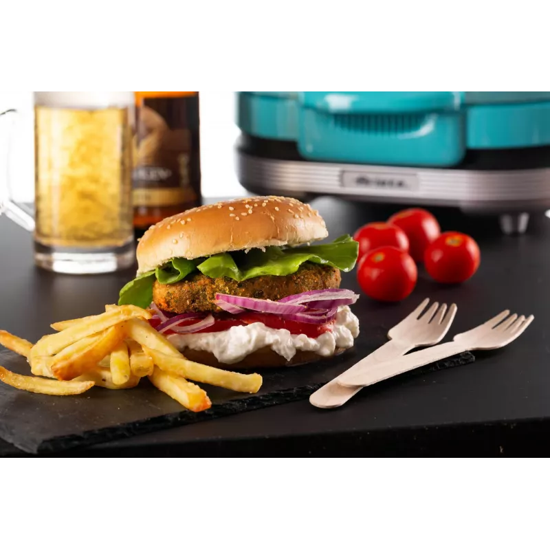 Ariete 205 Hamburger Maker Party Time, mėsainių gaminimo aparatas, 1200 W, dvigubos nelimpančios plokštės, 2 skyriai, lengvai valomas, mėlynas