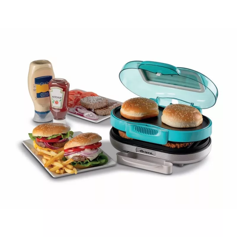 Ariete 205 Hamburger Maker Party Time, mėsainių gaminimo aparatas, 1200 W, dvigubos nelimpančios plokštės, 2 skyriai, lengvai valomas, mėlynas