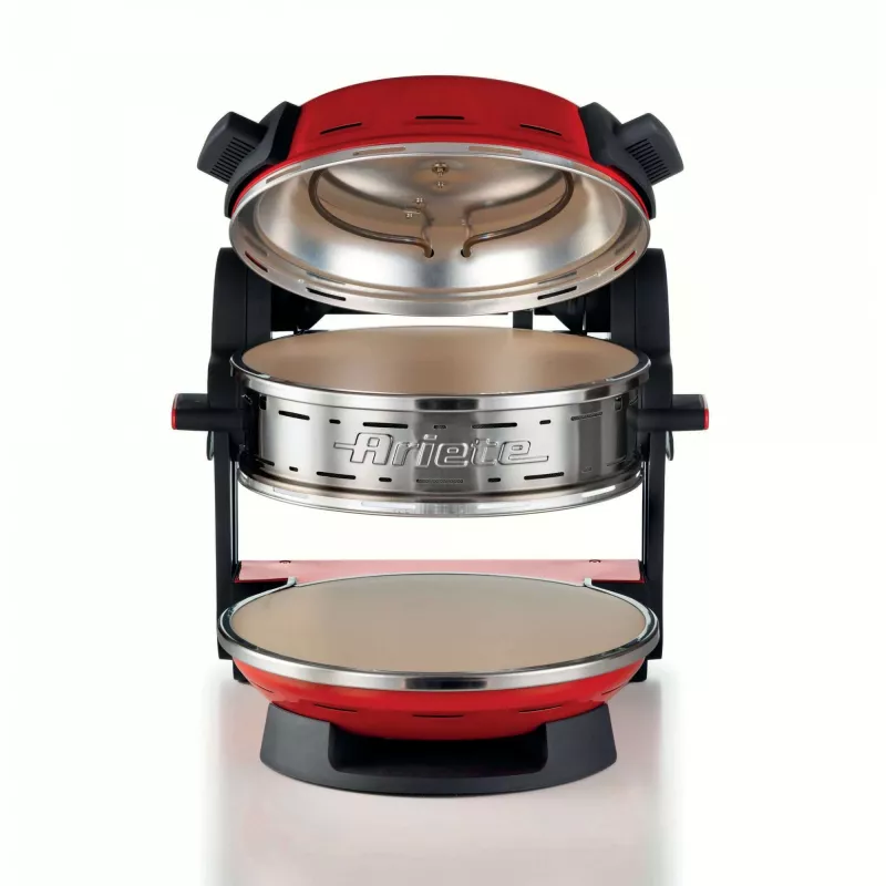 Ariete 927 Pizzeria dviguba picos krosnelė, 2 picos per 4 minutes, 2300 W, 2 ugniai atsparūs akmenys, 2 termostatai, skersmuo 32 cm, 5 kepimo lygiai, 2 nerūdijančio plieno mentelės, raudona