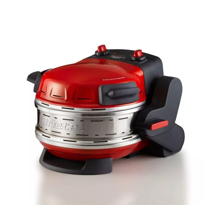 Ariete 927 Pizzeria dviguba picos krosnelė, 2 picos per 4 minutes, 2300 W, 2 ugniai atsparūs akmenys, 2 termostatai, skersmuo 32 cm, 5 kepimo lygiai, 2 nerūdijančio plieno mentelės, raudona