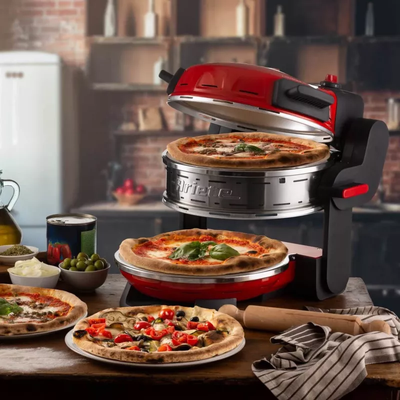 Ariete 927 Pizzeria dviguba picos krosnelė, 2 picos per 4 minutes, 2300 W, 2 ugniai atsparūs akmenys, 2 termostatai, skersmuo 32 cm, 5 kepimo lygiai, 2 nerūdijančio plieno mentelės, raudona