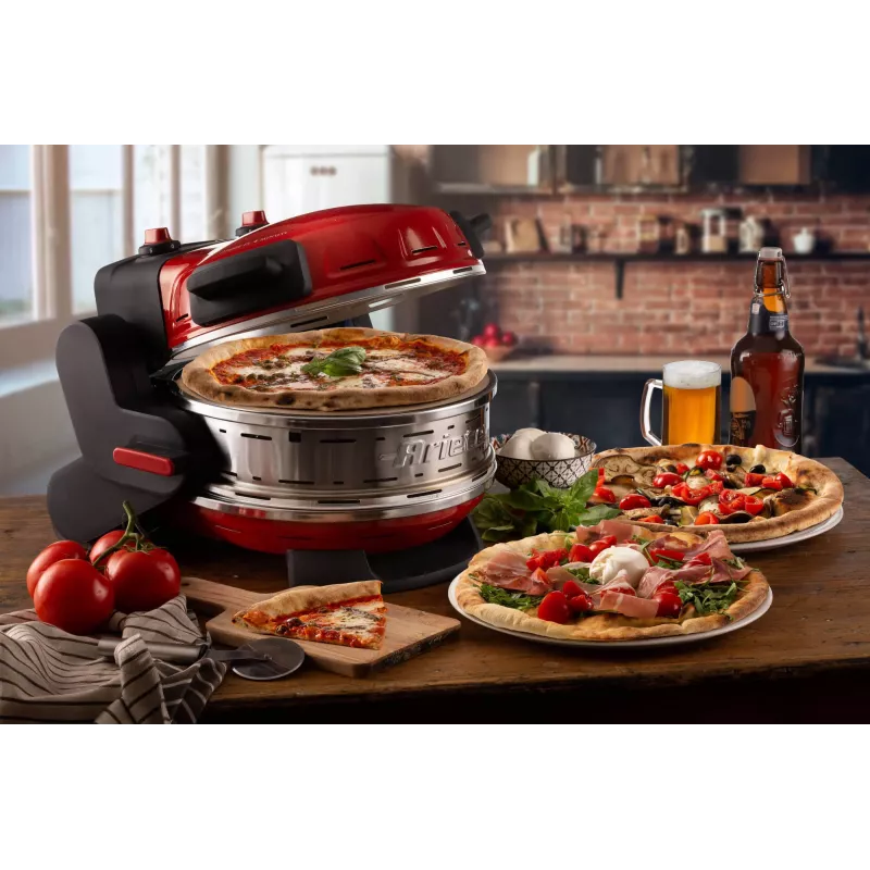 Ariete 927 Pizzeria dviguba picos krosnelė, 2 picos per 4 minutes, 2300 W, 2 ugniai atsparūs akmenys, 2 termostatai, skersmuo 32 cm, 5 kepimo lygiai, 2 nerūdijančio plieno mentelės, raudona