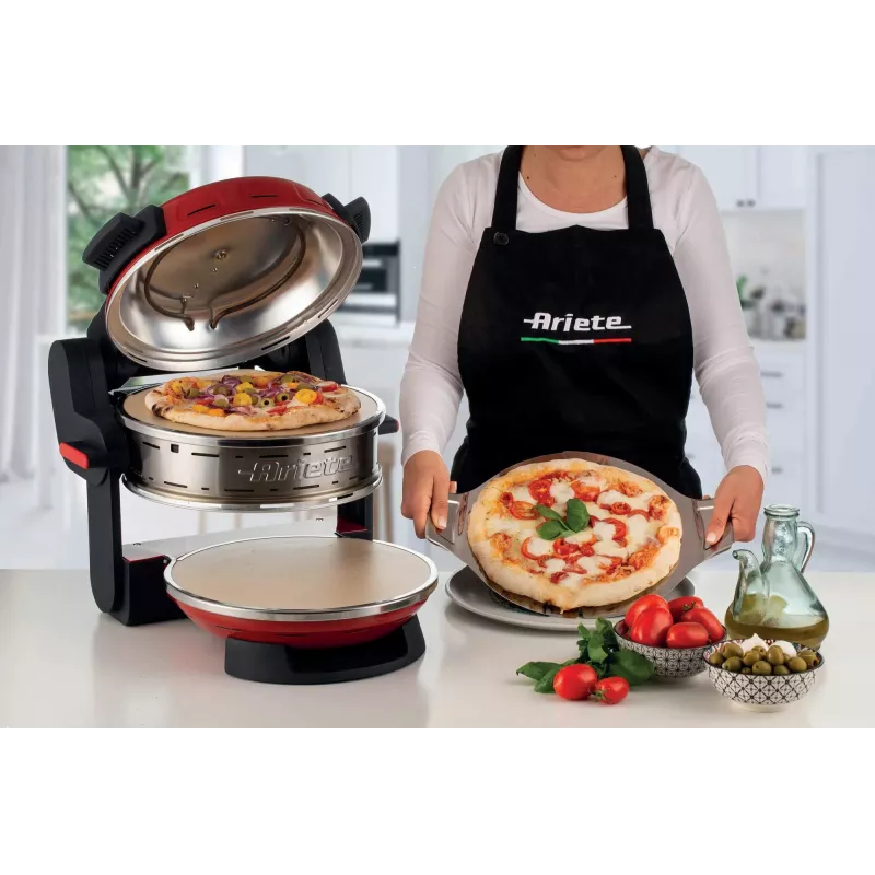 Ariete 927 Pizzeria dviguba picos krosnelė, 2 picos per 4 minutes, 2300 W, 2 ugniai atsparūs akmenys, 2 termostatai, skersmuo 32 cm, 5 kepimo lygiai, 2 nerūdijančio plieno mentelės, raudona