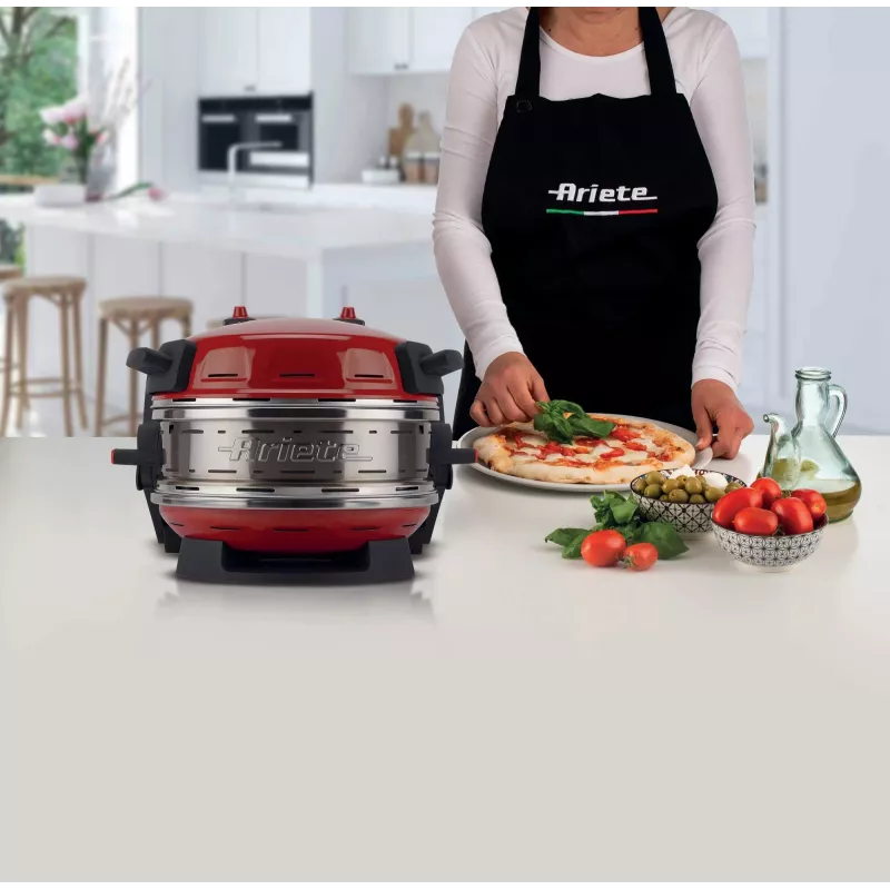 Ariete 927 Pizzeria dviguba picos krosnelė, 2 picos per 4 minutes, 2300 W, 2 ugniai atsparūs akmenys, 2 termostatai, skersmuo 32 cm, 5 kepimo lygiai, 2 nerūdijančio plieno mentelės, raudona