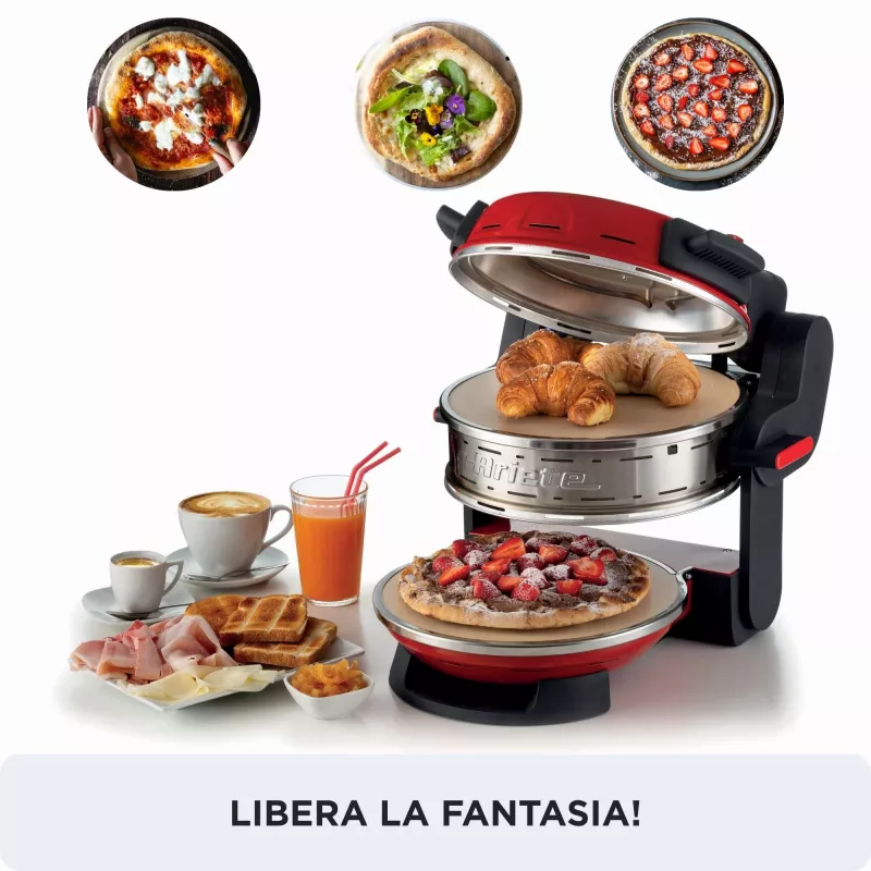 Ariete 927 Pizzeria dviguba picos krosnelė, 2 picos per 4 minutes, 2300 W, 2 ugniai atsparūs akmenys, 2 termostatai, skersmuo 32 cm, 5 kepimo lygiai, 2 nerūdijančio plieno mentelės, raudona