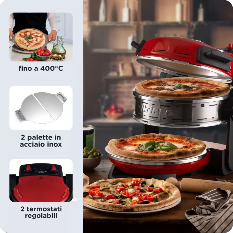 Ariete 927 Pizzeria dviguba picos krosnelė, 2 picos per 4 minutes, 2300 W, 2 ugniai atsparūs akmenys, 2 termostatai, skersmuo 32 cm, 5 kepimo lygiai, 2 nerūdijančio plieno mentelės, raudona