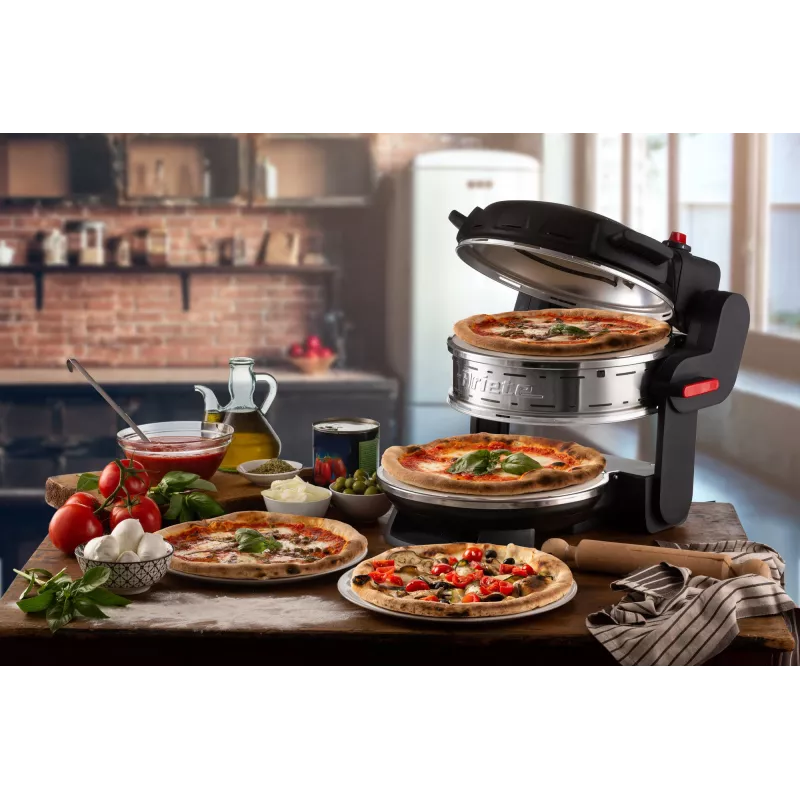 Ariete 927 Pizzeria dviguba picos krosnelė, 2 picos per 4 minutes, 2300 W, 2 ugniai atsparūs akmenys, 2 termostatai, skersmuo 32 cm, 5 kepimo lygiai, 2 nerūdijančio plieno mentės, raudona
